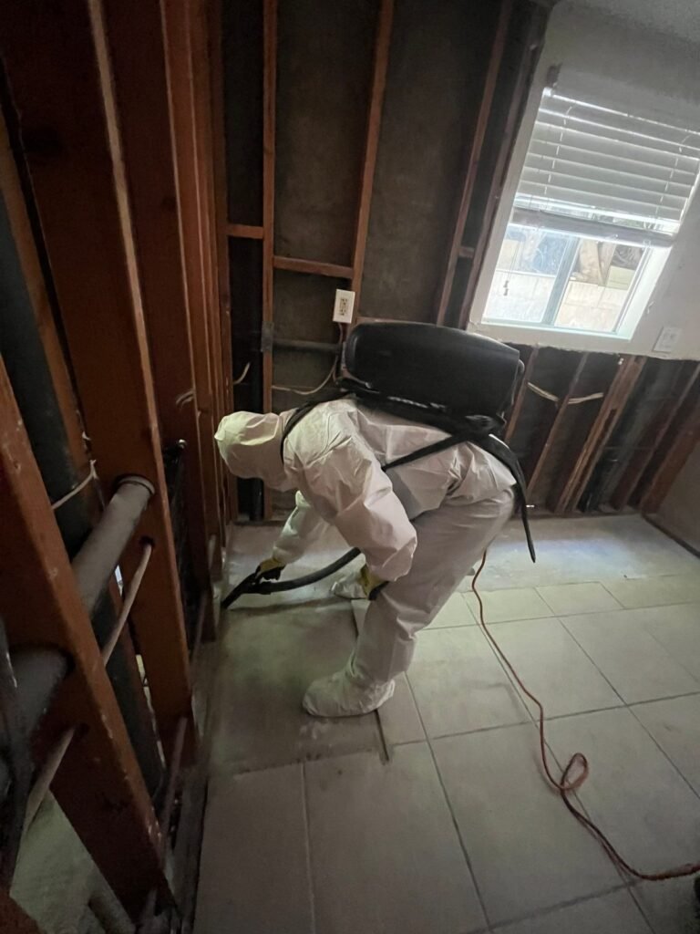 A technician with a backpack vacuum in a room stripped back to the framing in the East Bay
