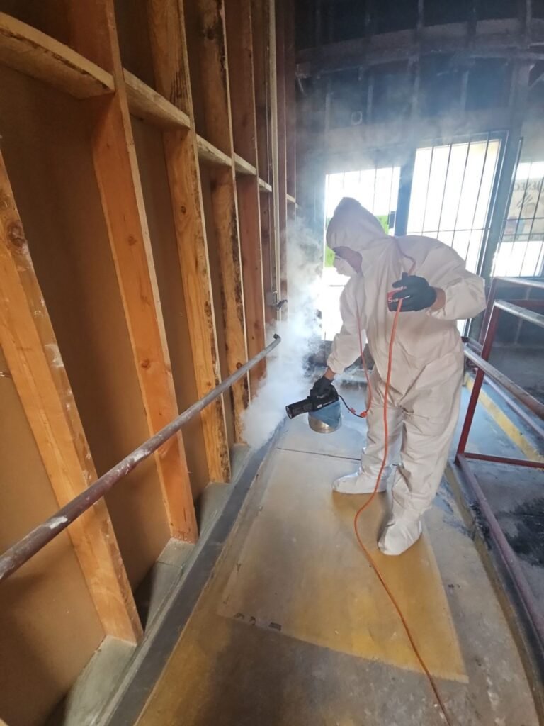 A technician spraying in a hallway opened to the framing with daylight behind in the East Bay